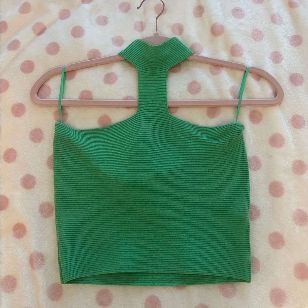 vestique Green Ribbed Halter-Neck Crop Top